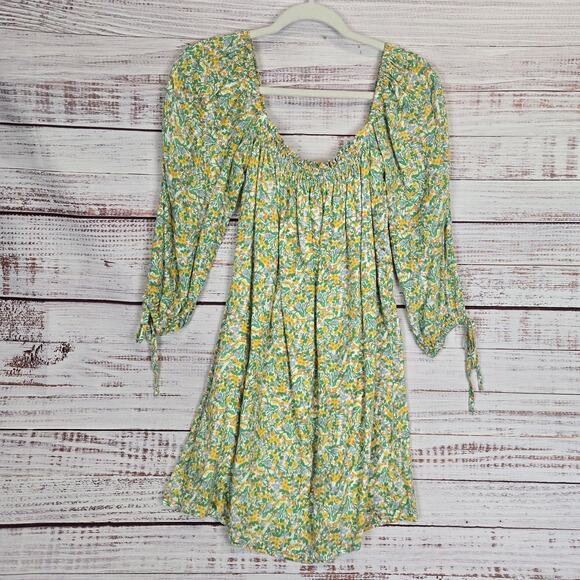 Faithfull The Brand Prairie Dress Sz M Green Yellow Floral Smocked Cottage Fairy - Picture 3 of 12
